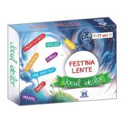 Festina Lente - Jocul Ideilor - 130 de jetoane mici, 23 de jetoane mari, regulament, plansa, carioca, clepsidra si zar.