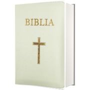 Biblia mica, 053, coperta piele, alba, cu cruce, margini aurii, repertoar, fermoar