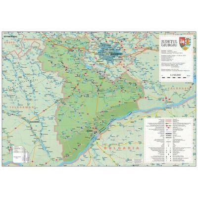 Harta judetului Giurgiu. Dimensiune 160x120cm, cu sipci din lemn