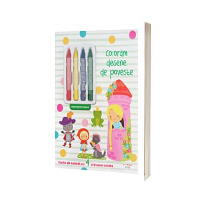 Coloram desene de poveste. Carte de colorat cu 4 creioane cerate